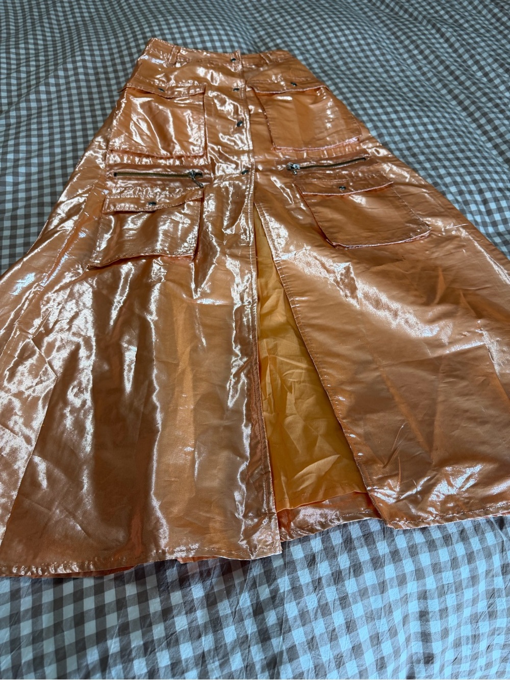 Anthropologie Shiny Rust-Orange A-Line Utility Skirt with Front Pockets